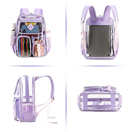 Heavy Duty Clear Transparent Backpack with Purple - Large Capacity PVC Bookbag for School, Stadium, and Gym - Fits 16-Inch Laptop, Binders and A4 Books
