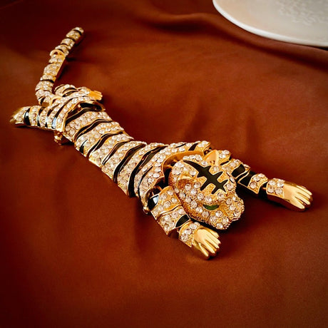 Luxury Vintage Large Tiger Brooch - 10-Inch Pouncing Wild Cat Pin with Sparkling Crystal Rhinestones and Gold-Tone Finish - Statement Animal Jewelry for Coats and Suits