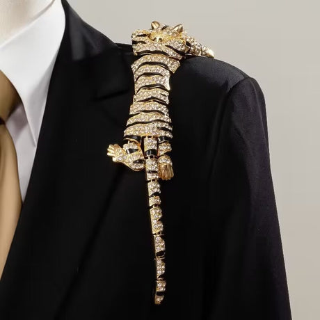 Luxury Vintage Large Tiger Brooch - 10-Inch Pouncing Wild Cat Pin with Sparkling Crystal Rhinestones and Gold-Tone Finish - Statement Animal Jewelry for Coats and Suits