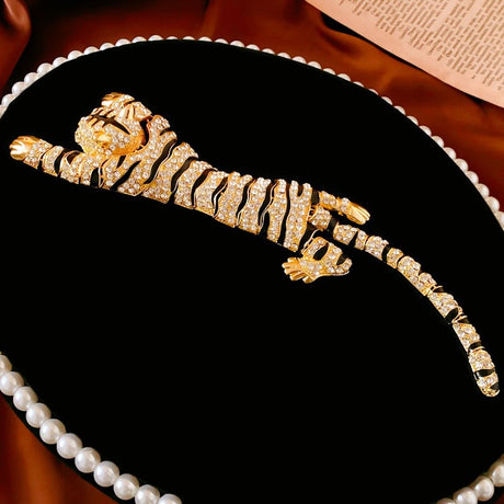 Luxury Vintage Large Tiger Brooch - 10-Inch Pouncing Wild Cat Pin with Sparkling Crystal Rhinestones and Gold-Tone Finish - Statement Animal Jewelry for Coats and Suits