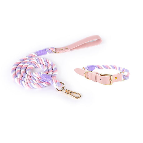 pink+purple Hand-Woven Rainbow Cotton Rope Dog Leash and Collar Set - Adjustable Veg-Tanned Leather Trim with Heavy Duty Metal Hardware - 150cm Training Lead and S Size Collar