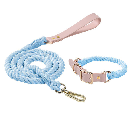 Sky Blue Hand-Woven Rainbow Cotton Rope Dog Leash and Collar Set - Adjustable Veg-Tanned Leather Trim with Heavy Duty Metal Hardware - 150cm Training Lead and S Size Collar