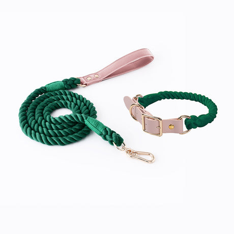 Dark Green Hand-Woven Rainbow Cotton Rope Dog Leash and Collar Set - Adjustable Veg-Tanned Leather Trim with Heavy Duty Metal Hardware - 150cm Training Lead and S Size Collar