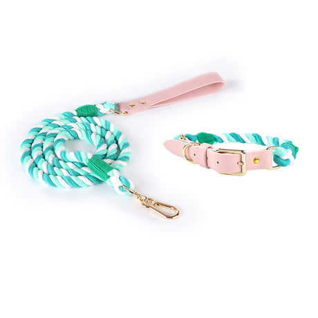 Green Hand-Woven Rainbow Cotton Rope Dog Leash and Collar Set - Adjustable Veg-Tanned Leather Trim with Heavy Duty Metal Hardware - 150cm Training Lead and M Size Collar