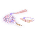 pink+purple Hand-Woven Rainbow Cotton Rope Dog Leash and Collar Set - Adjustable Veg-Tanned Leather Trim with Heavy Duty Metal Hardware - 150cm Training Lead and M Size Collar