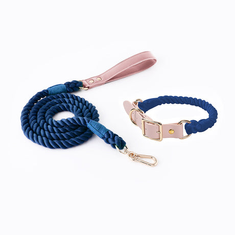 Navy Blue Hand-Woven Rainbow Cotton Rope Dog Leash and Collar Set - Adjustable Veg-Tanned Leather Trim with Heavy Duty Metal Hardware - 150cm Training Lead and M Size Collar