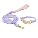 Purple Hand-Woven Rainbow Cotton Rope Dog Leash and Collar Set - Adjustable Veg-Tanned Leather Trim with Heavy Duty Metal Hardware - 150cm Training Lead and M Size Collar