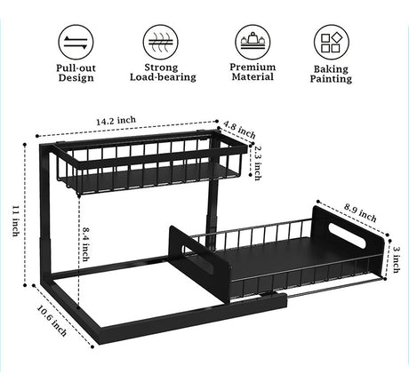 2-Tier Under Sink Organizer and Storage - Heavy Duty Metal Pull-Out Cabinet Organizer, L-Shaped Sliding Drawer Rack for Kitchen, Bathroom, and Pantry - Black