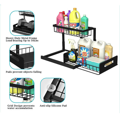 2-Tier Under Sink Organizer and Storage - Heavy Duty Metal Pull-Out Cabinet Organizer, L-Shaped Sliding Drawer Rack for Kitchen, Bathroom, and Pantry - Black