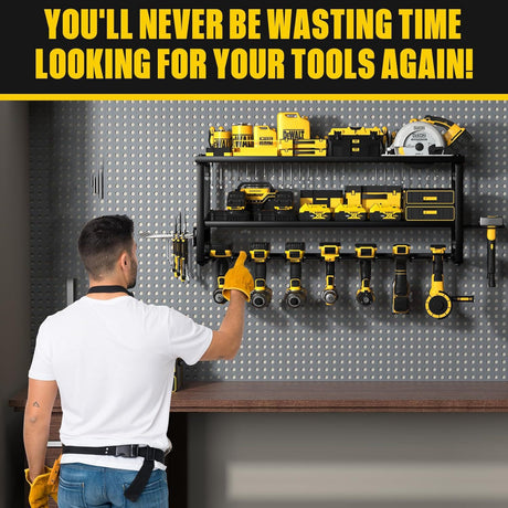 Heavy Duty Power Tool Organizer Wall Mount - 3-Tier Garage Storage Rack with Drill Holder, Screwdriver and Hammer Organizer - Extra Tall 200lbs Capacity High-Quality Steel Utility Shelf