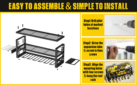 Heavy Duty Power Tool Organizer Wall Mount - 3-Tier Garage Storage Rack with Drill Holder, Screwdriver and Hammer Organizer - Extra Tall 200lbs Capacity High-Quality Steel Utility Shelf
