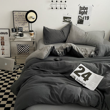 Grey 1.5m Bed Fitted Sheet Set with 200x230cm Duvet Cover - 4-Piece Bedding Set