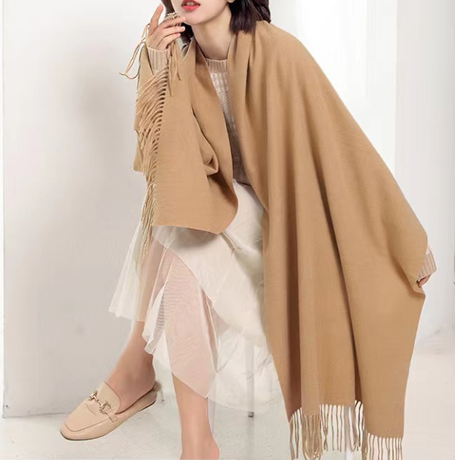 Coffee 2 PCS Skin Red Solid Color Scarf Shawl with Tassels - Warm Korean Style Wrap (180cm x 70cm)