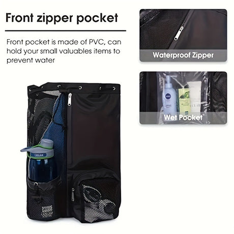 Blue Mesh Drawstring Swim Backpack with Wet Bag - Durable Beach Gym Bag for Wet Gear