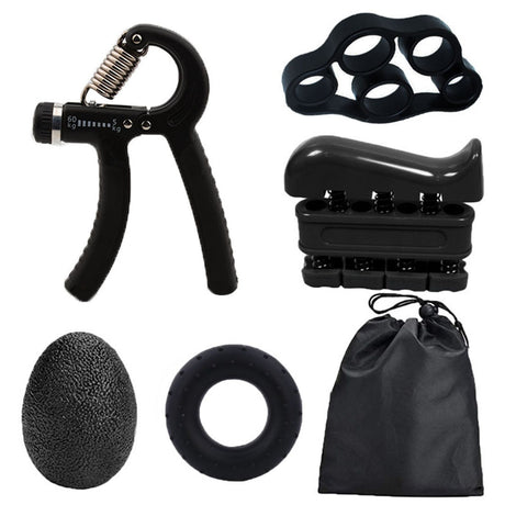 Black 5-Piece Hand Grip Strength Training Set – Adjustable Grip Exerciser, Silicone Grip Rings & Grip Ball