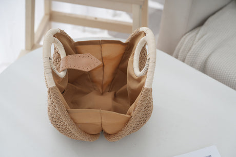Khaki Boho Circle Straw Bag - Stylish Woven Tote with Round Handles
