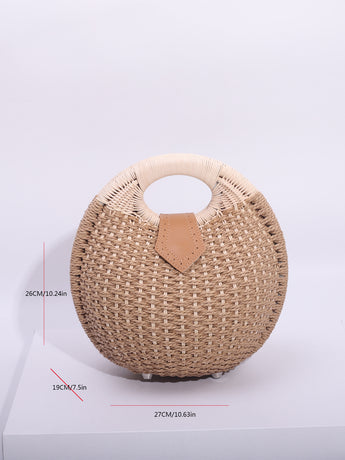 Khaki Boho Circle Straw Bag - Stylish Woven Tote with Round Handles