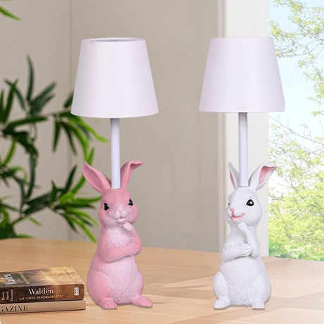 White Bunny White Lampshade Adorable Rabbit Resin Table Lamp - 3-Color LED, USB Rechargeable, Touch Dimming