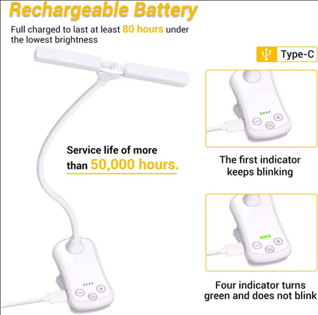 Black Rechargeable Dual-Head Clip-On Book Light - Touch Control Reading Lamp with Eye Protection