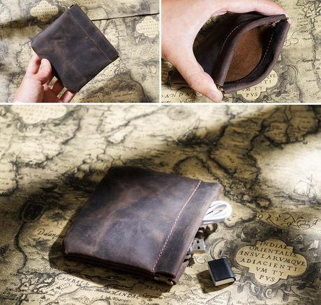 Coffee Genuine Leather Coin Purse - Vintage Style Snap Closure Mini Pouch