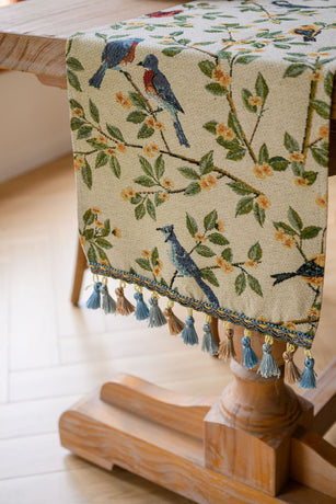Birds & Branch Table Runner - Jacquard Woven Beige with Tassels(33X200CM)