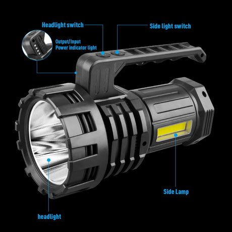 White LED Searchlight - Rechargeable Handheld Spotlight, 500m Range, Long Lasting