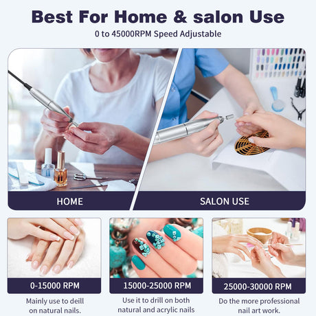 White Professional Electric Nail Drill, 45000RPM Rechargeable Nail Grinder Polisher for Salon & Home Use