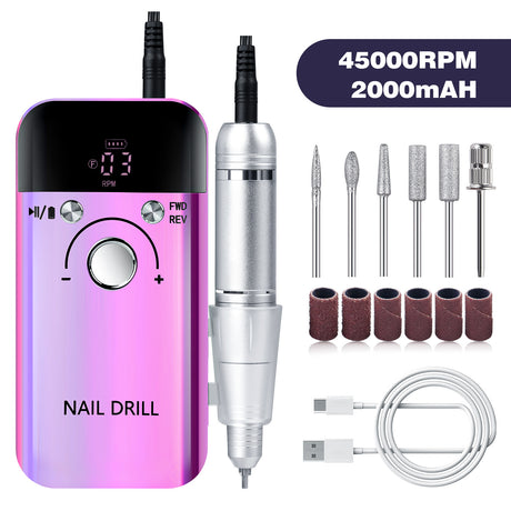 Purple High Speed ??Portable Nail Drill Set - Electric Nail File Set with 6 Nail Drill Bits