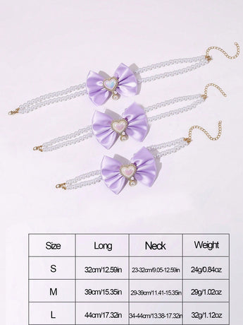 2 - PCS Cute Pet Pearl Necklace Collar with Purple Bow and Heart Charm - Size L