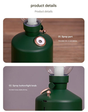 Green Retro Kerosene Lamp Humidifier - Rechargeable Cool Mist Maker with Dimmable Light