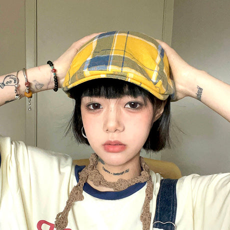2-PCS Yellow Lightweight Checkered Flat Cap - Adjustable Retro Driver Hat for Men & Women
