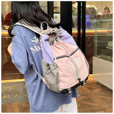 Pink Colorblock Drawstring Backpack - Lightweight Nylon Bag with Heart Mesh Pocket