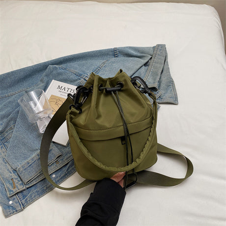 Army green Casual Nylon Drawstring Bucket Bag - Adjustable Strap Crossbody Purse