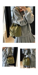 Army green Casual Nylon Drawstring Bucket Bag - Adjustable Strap Crossbody Purse