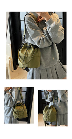 Army green Casual Nylon Drawstring Bucket Bag - Adjustable Strap Crossbody Purse