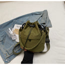 Army green Casual Nylon Drawstring Bucket Bag - Adjustable Strap Crossbody Purse