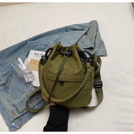 Army green Casual Nylon Drawstring Bucket Bag - Adjustable Strap Crossbody Purse