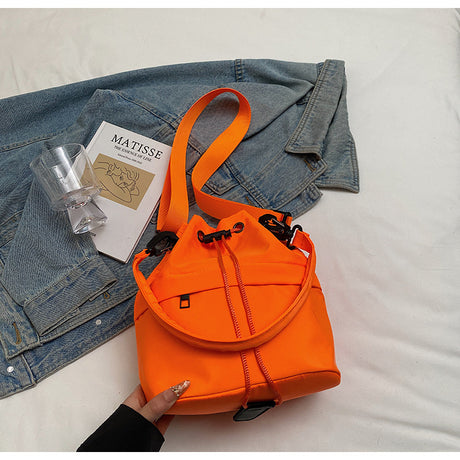 Orange Casual Nylon Drawstring Bucket Bag - Adjustable Strap Crossbody Purse