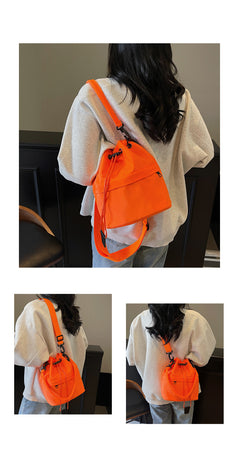 Orange Casual Nylon Drawstring Bucket Bag - Adjustable Strap Crossbody Purse