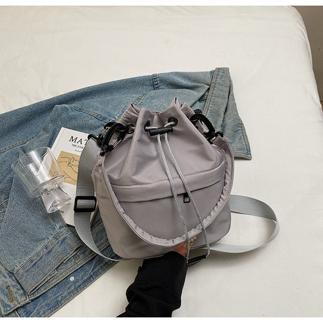 Gray Casual Nylon Drawstring Bucket Bag - Adjustable Strap Crossbody Purse