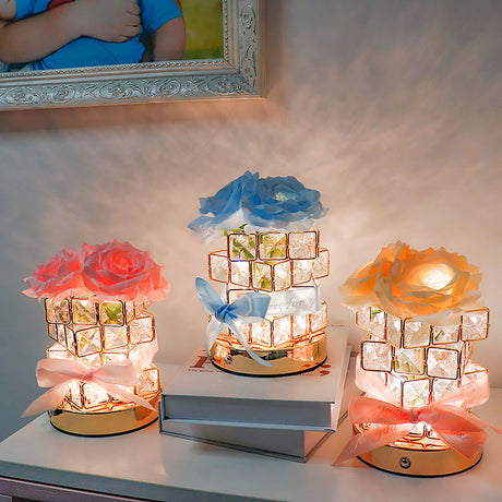 Pink Rose LED Crystal Flower Table Lamp - USB Rechargeable Touch Control Night Light