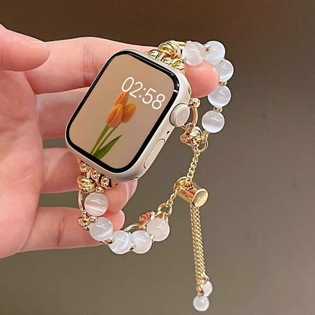 2-pcs Gold chain with white beads Elegant Cat's Eye Beaded Bracelet Band for Apple Watch - Women's Luxury Strap (Compatible Size :42/44/45MM )