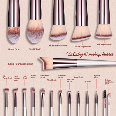 Pink 18-Piece Makeup Brush Set - Professional Synthetic Fiber Brushes with Wooden Handles for Flawless Beauty