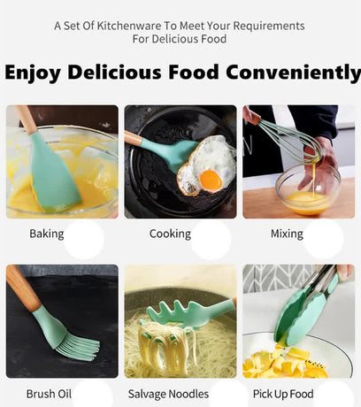 Light Green And Brown 12-Piece Silicone Kitchen Utensil Set - Non-Stick Food-Grade Silicone Cooking Tools with Wooden Handles and Holder
