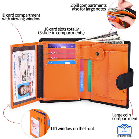 Coffee Men's Short Leather Wallet with RFID Protection - Genuine Cowhide Cardholder with Coin Pocket