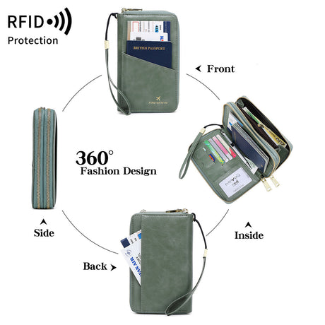 Red RFID Blocking Passport Wallet - Multi-Function Travel Organizer with Double Zipper and Crossbody Strap