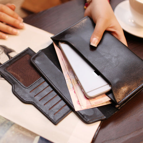 Silver Women's Genuine Leather Long Wallet - Slim Business Clutch with Snap Closure, Multi-Card Holder