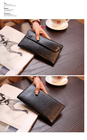 Silver Women's Genuine Leather Long Wallet - Slim Business Clutch with Snap Closure, Multi-Card Holder