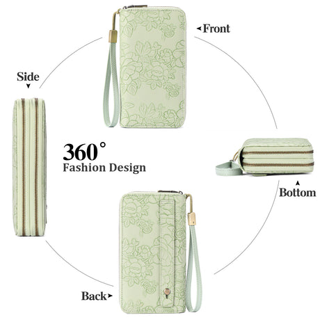 Green Floral Embossed Large Capacity Women's Wallet - Double Zipper PU Leather Clutch with Detachable Wrist Strap