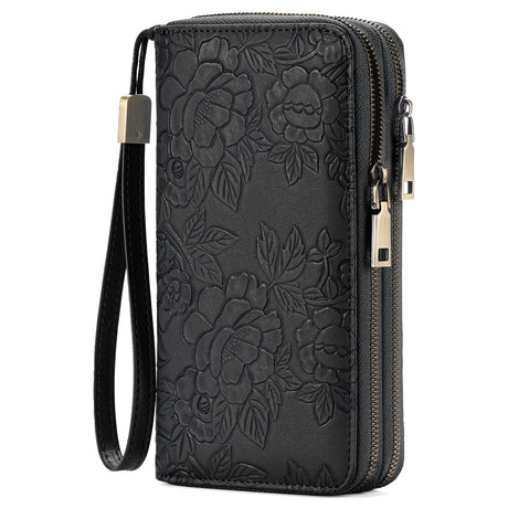 Black Floral Embossed Large Capacity Women's Wallet - Double Zipper PU Leather Clutch with Detachable Wrist Strap